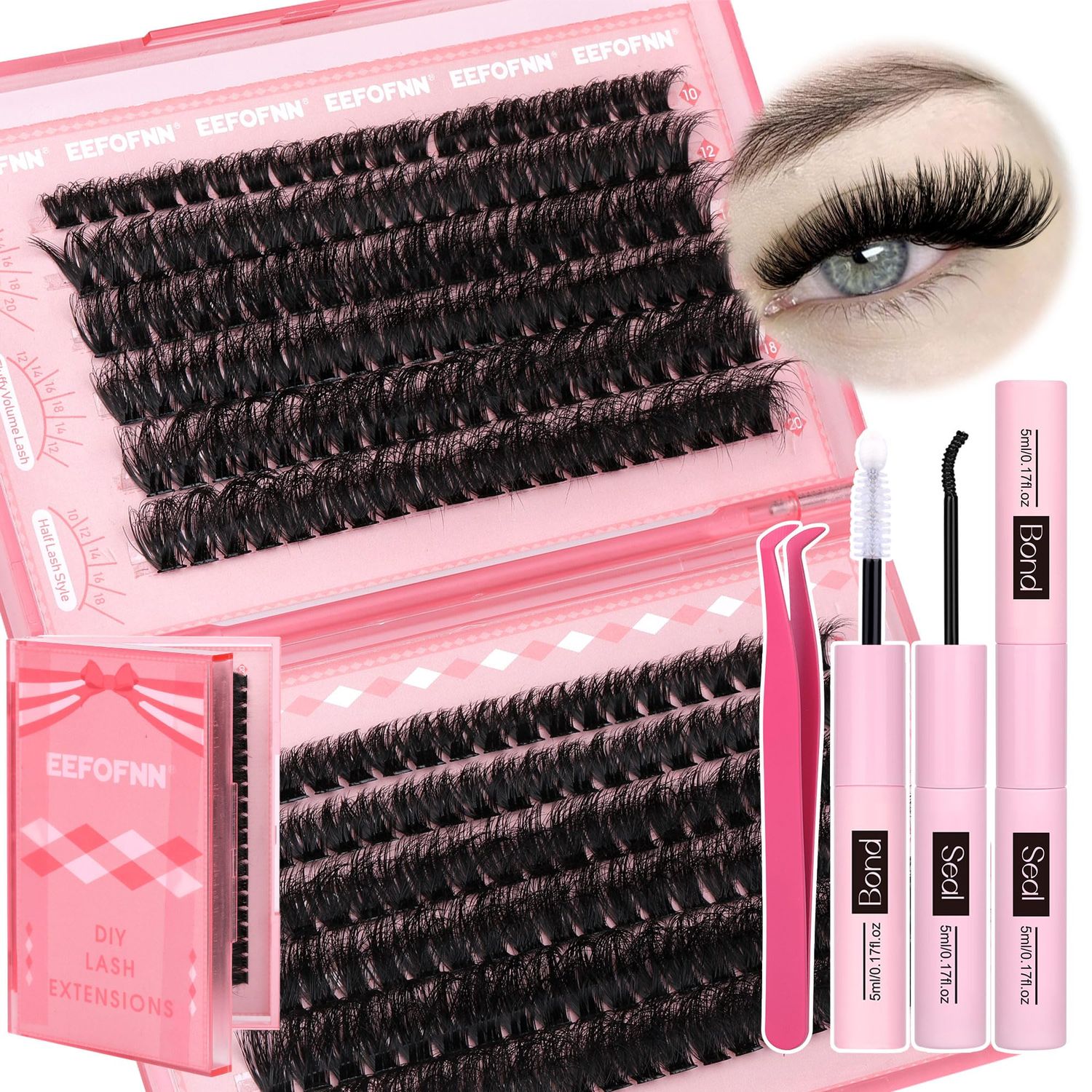 Eefofnn Fluffy Lash Extension Kit 240pcs DIY Individual Eyelashes Kit 80D100D Cluster Lashes with Bond and Seal Lash Glue Tweezers 10-20MM D Curl Volume Eyelash Extensions DIY Lashes Extension Kit