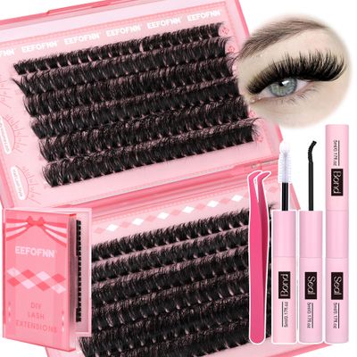 Eefofnn Fluffy Lash Extension Kit 240pcs DIY Individual Eyelashes Kit 80D100D Cluster Lashes with Bond and Seal Lash Glue Tweezers 10-20MM D Curl Volume Eyelash Extensions DIY Lashes Extension Kit