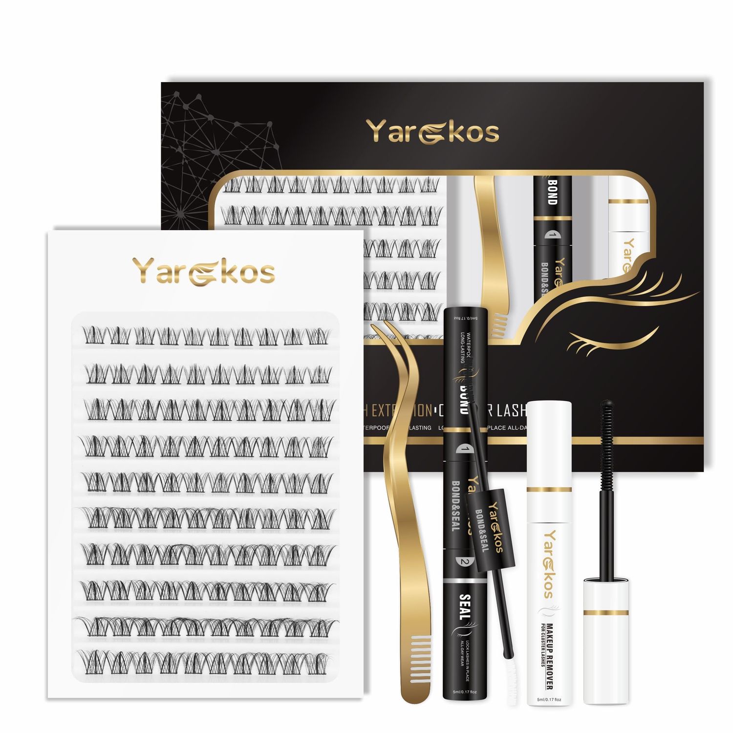 Yargkos Eyelash Extension Kit, False Lashes Mix 10-16mm, 2-in-1 Bond Seal Glue, Makeup Remover, Lash Tweezers with comb, Women DIY Individual Application at Home, 100Pcs C Curl Clusters, B1-Black