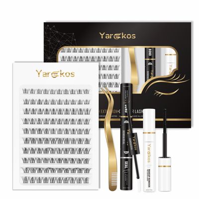 Yargkos Eyelash Extension Kit, False Lashes Mix 10-16mm, 2-in-1 Bond Seal Glue, Makeup Remover, Lash Tweezers with comb, Women DIY Individual Application at Home, 100Pcs C Curl Clusters, B1-Black