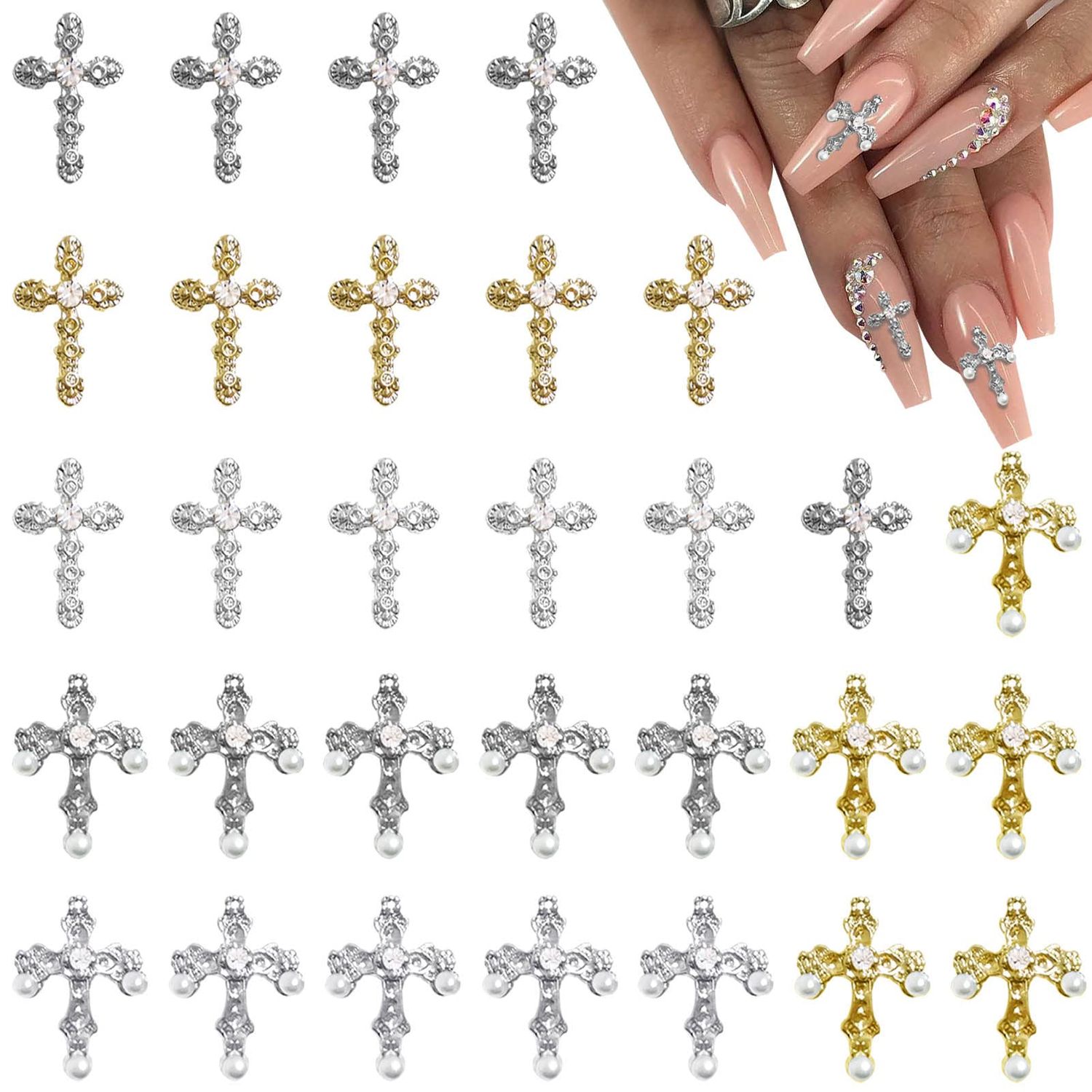 3D Cross Nail Charms, 30pcs Cross Nail Decorations for Nail Art, Pearl Gems Diamond Nail Decor, Metal Alloy Crystal Rhinestones Nail Studs for Women Girl DIY Jewelry Cellphone Crafts (GoldSilver)
