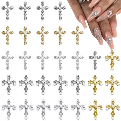 3D Cross Nail Charms, 30pcs Cross Nail Decorations for Nail Art, Pearl Gems Diamond Nail Decor, Metal Alloy Crystal Rhinestones Nail Studs for Women Girl DIY Jewelry Cellphone Crafts (GoldSilver)