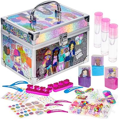 Townley Girl DIY Train Case Makeup Beauty set Includes Bracelet Beads &amp; String, Tattoos, Lip Gloss, Hair Clips, Nail Polish &amp; Much More for Girls, Ages 6 Perfect for Parties, Sleepovers &amp; Makeovers