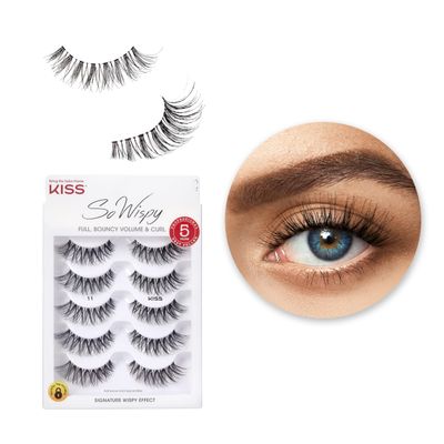 KISS So Wispy False Eyelashes Multipack #11, Full Bouncy Volume &amp; Curl, Signature Wispy Effect, Quality Synthetic, Crisscross Pattern, Cruelty Free, Reusable and contact lens friendly, 5 Pairs