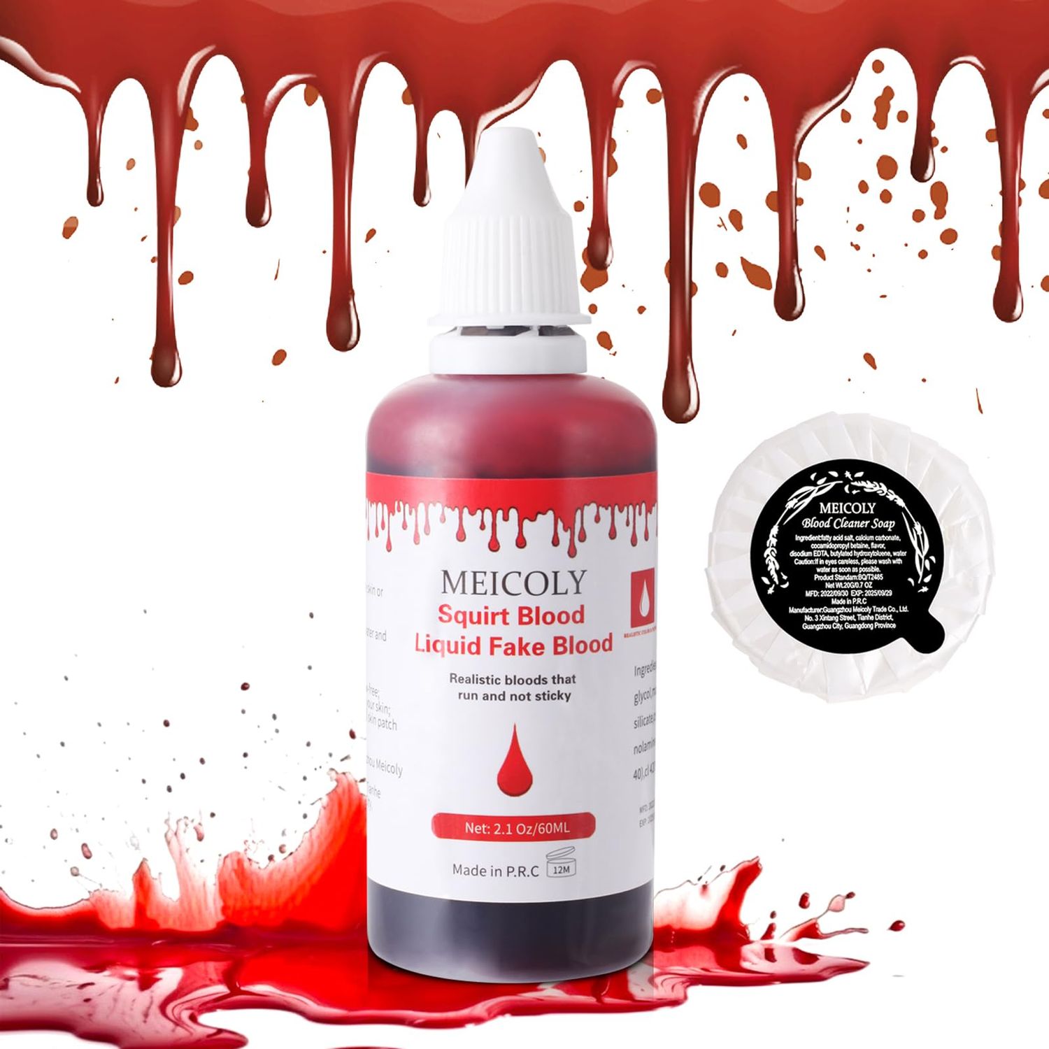 MEICOLY 2.1Oz Halloween Dripping Fake Blood, Safe Realistic Washable Edible Liquid Blood with 0.7 Oz Cleaning Soap,Squirt Blood for Clothes,Zombie Vampire Monster,SFX Cut Flesh Wound Makeup,Bright