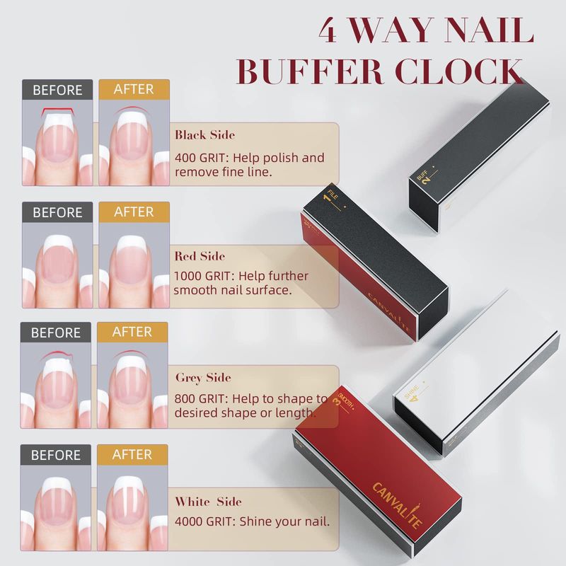 Canvalite Nail Buffer for Natural Nails, All in One 4 Way Nail File &amp; Buffer Block That Shapes, Files, Smoothes, and Shines, 100180 Grit, 9pcs
