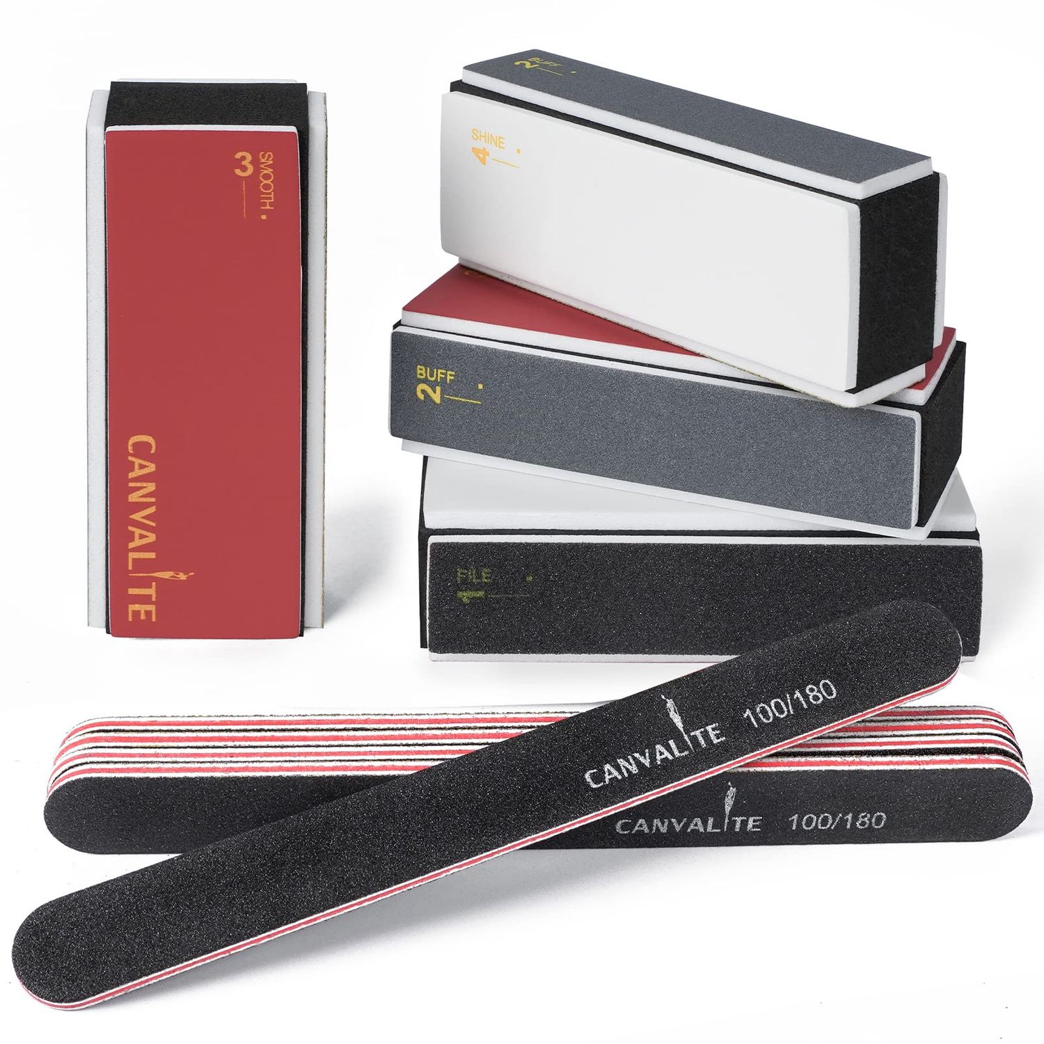 Canvalite Nail Buffer for Natural Nails, All in One 4 Way Nail File &amp; Buffer Block That Shapes, Files, Smoothes, and Shines, 100180 Grit, 9pcs