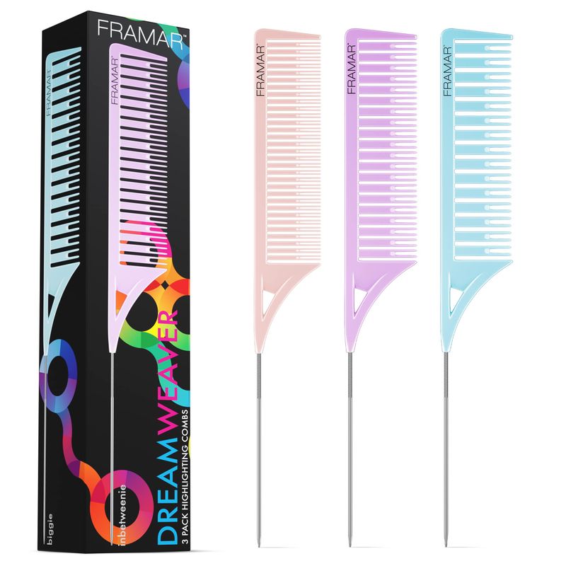 Framar Dreamweaver Highlight Comb Set - Combs for Hair Stylist, Highlighting Comb, Hair Dye Comb, Hair Highlighter Comb with Metal Pick, Balayage Comb - 3 Pack Pastel