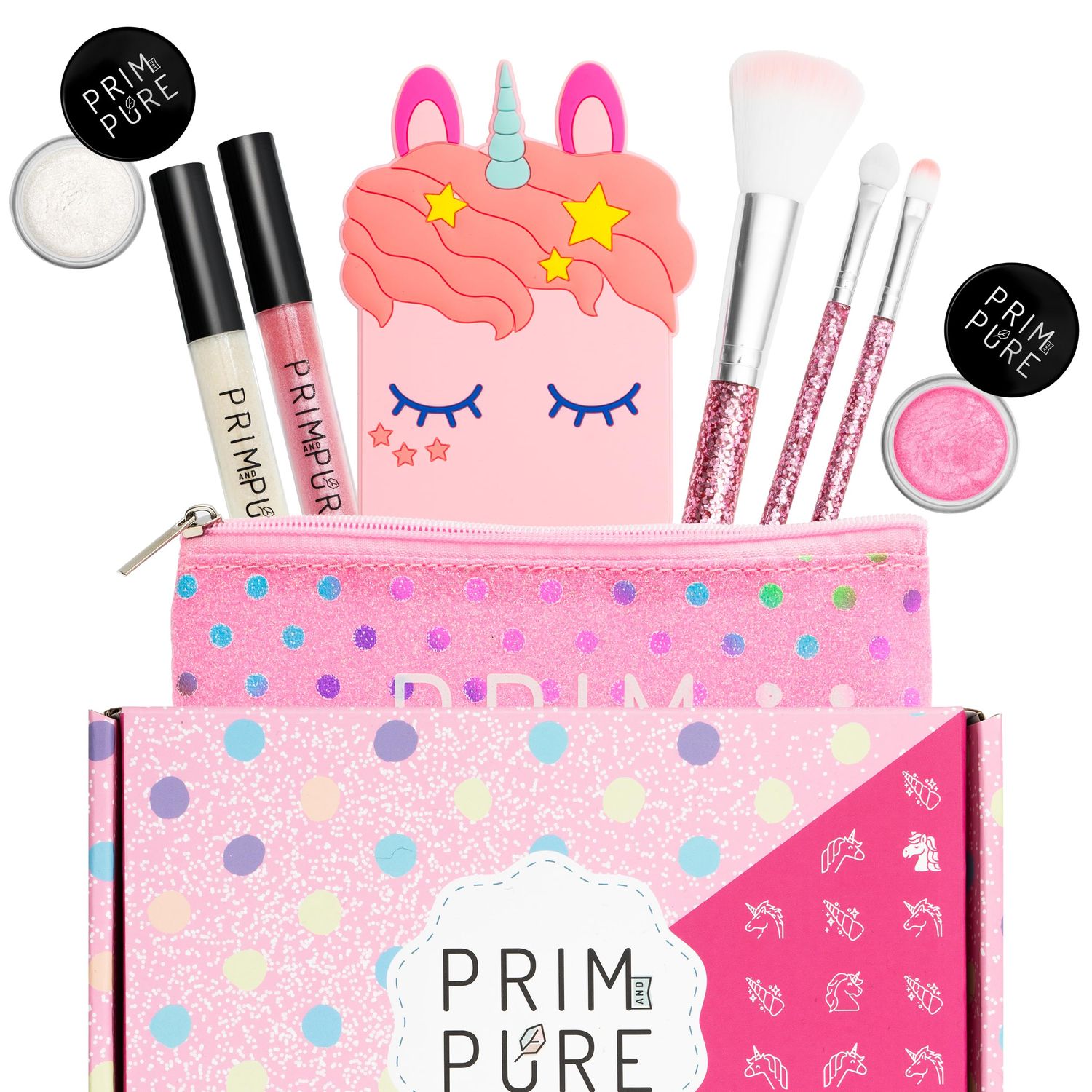 Prim and Pure Mineral Gift Set with Unicorn Mirror| Perfect for Play Dates &amp; Birthday Parties | Kids Eyeshadow Makeup - Mineral | Organic &amp; Natural Makeup Kit for Kids| Made in USA (Pink)