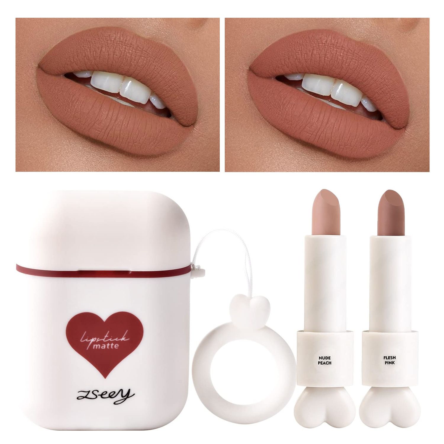 LAMUSELAND Nude Lipstick, 2PcSet Waterproof Long Lasting Moisturizing Lip Stain Earphone Dual-color Lip Gloss Primer,Non-stick Cup Lip Make Up Gift Kit for Women Girls (Nude - B)