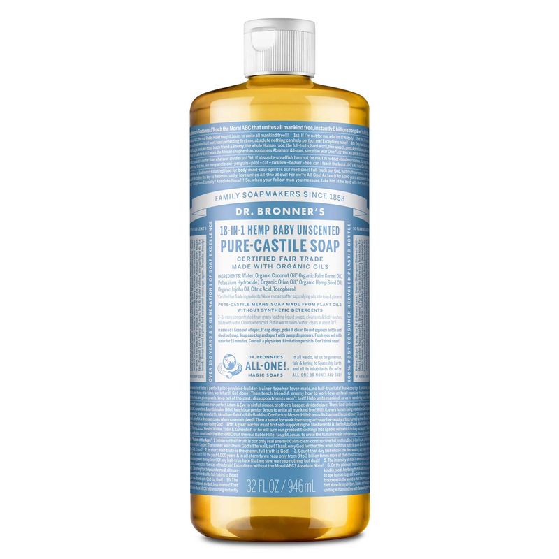 Dr. Bronner's Pure Castile Liquid Soap - Made with Regenerative Organic Certified Oils - 18-in-1 Uses for Face, Body, Hand - Gentle on Baby &amp; Sensitive Skin - All Natural Body Wash - Unscented,32oz
