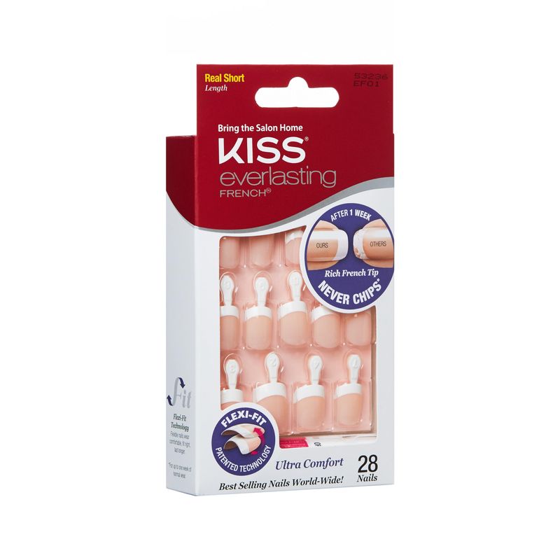 Kiss Everlasting French Nail Manicure, Chip-Free with Flexi-Fit Technology, Real Short, "Endless", Nail Kit with Pink Nail Glue (Net Wt. 2 g  0.07oz.), Mini File, Manicure Stick, and 28 Fake Nails
