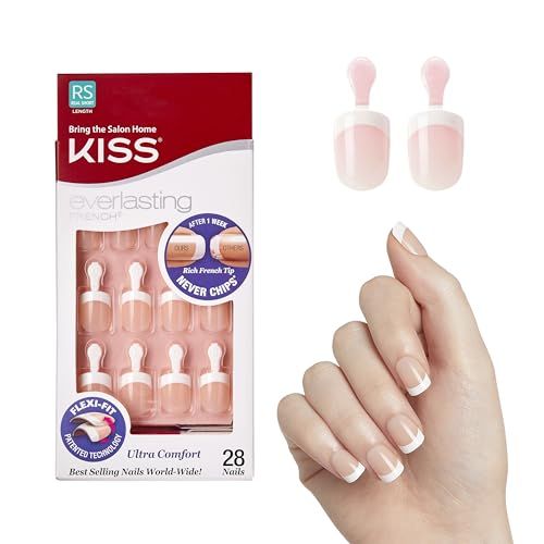 Kiss Everlasting French Nail Manicure, Chip-Free with Flexi-Fit Technology, Real Short, "Endless", Nail Kit with Pink Nail Glue (Net Wt. 2 g  0.07oz.), Mini File, Manicure Stick, and 28 Fake Nails