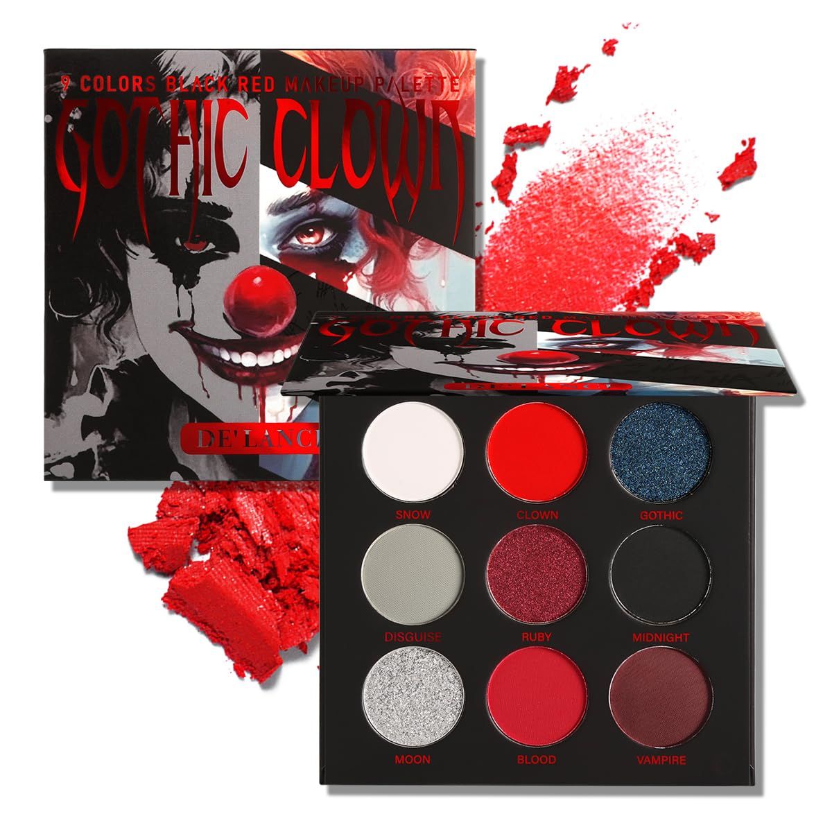 Afflano Black Red Eyeshadow Palette Goth Clown Halloween Makeup, White Silver Glitter Metallic Red Black Eyeshadow Palette Highly Pigmented, Joker Vampire Christmas True Red Smoky Eye Makeup