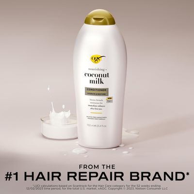 OGX Nourishing Coconut Milk Conditioner, Hydrating & Restoring Conditioner Moisturizes for Soft Hair After the First Use, Paraben-Free, Sulfate-Free Surfactants, 25.4 fl. oz