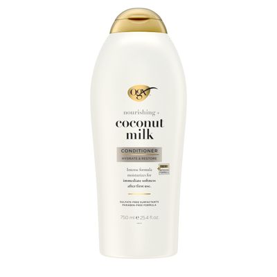 OGX Nourishing  Coconut Milk Conditioner, Hydrating &amp; Restoring Conditioner Moisturizes for Soft Hair After the First Use, Paraben-Free, Sulfate-Free Surfactants, 25.4 fl. oz