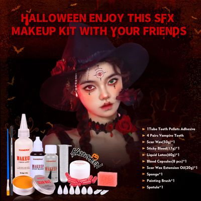 VANERIA Halloween Vampire Makeup Kit,Sfx Makeup,Liquid LatexScar WaxFake Blood CapsulesVampire FangsScar OilPainting BrusheSpatulaStipple Sponge,Special Effects Makeup Kit Professional