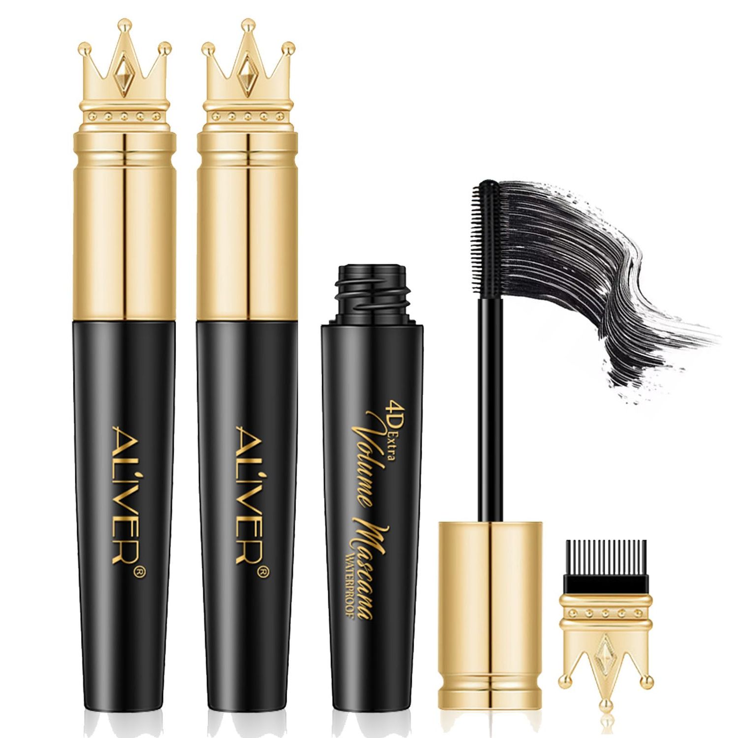 2 Pack Waterproof Mascara Black, Mascara Volume and Length, 4D Silk Fiber Lengthening Voluminous Mascara, Long-Lasting Lash Sensational Mascara, Feathery Soft Full Lashes, Golden Crown, Blackest Black
