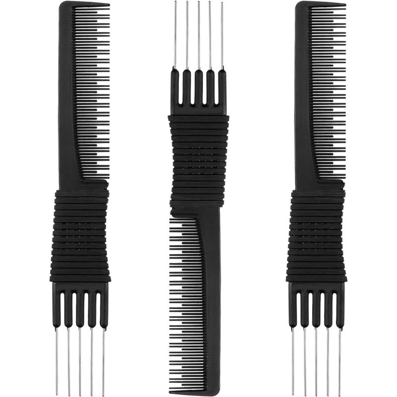 3 Pack Black Combs with Metal Prong - Salon Teasing Back Combs with Stainless Steel Lift (Style A)