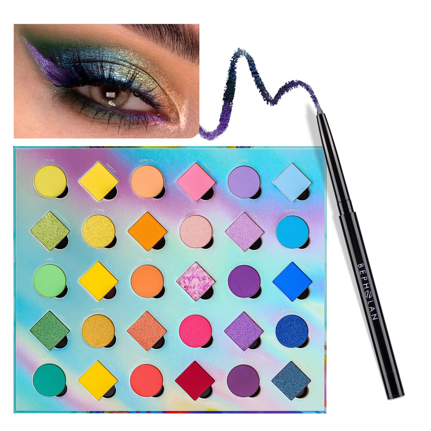 BEPHOLAN Eyeliner Pencil and Eyeshadow Palette,Purple Eyeliner,Blue Purple Shifting Colors Glitter Waterproof Eyeliner,24h Long-Lasting Metallic Colored Eyeliner Pen,Purple-Blue Shifting