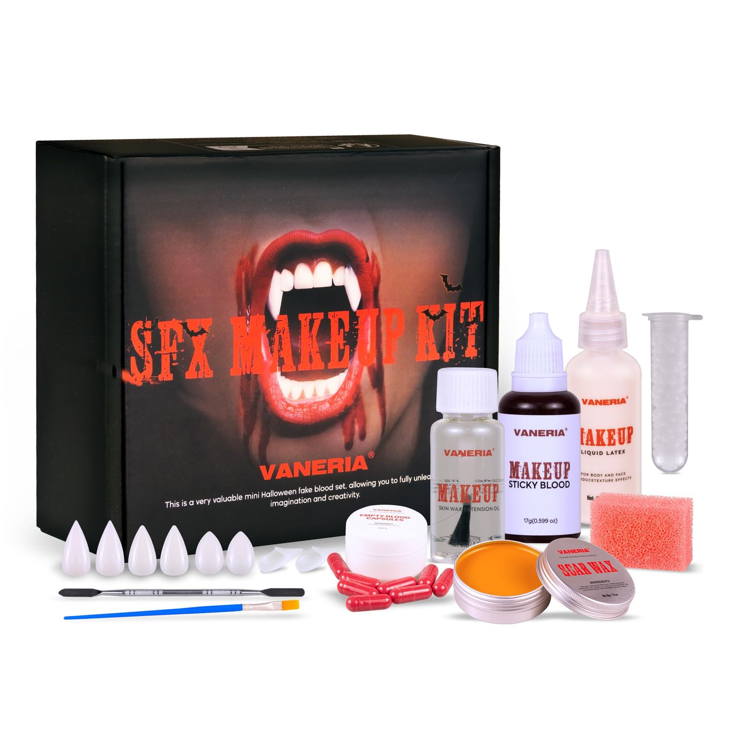 VANERIA Halloween Vampire Makeup Kit,Sfx Makeup,Liquid LatexScar WaxFake Blood CapsulesVampire FangsScar OilPainting BrusheSpatulaStipple Sponge,Special Effects Makeup Kit Professional