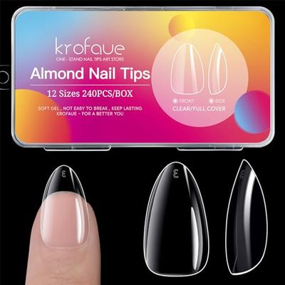 krofaue Short Almond Nails - 240Pcs Almond Clear Nail Tips 12 Sizes Almond Nail Tips, Artificial Acrylic False Nails, Full Cover Press on Nails Almond for Home DIY &amp; Nail Tips Art