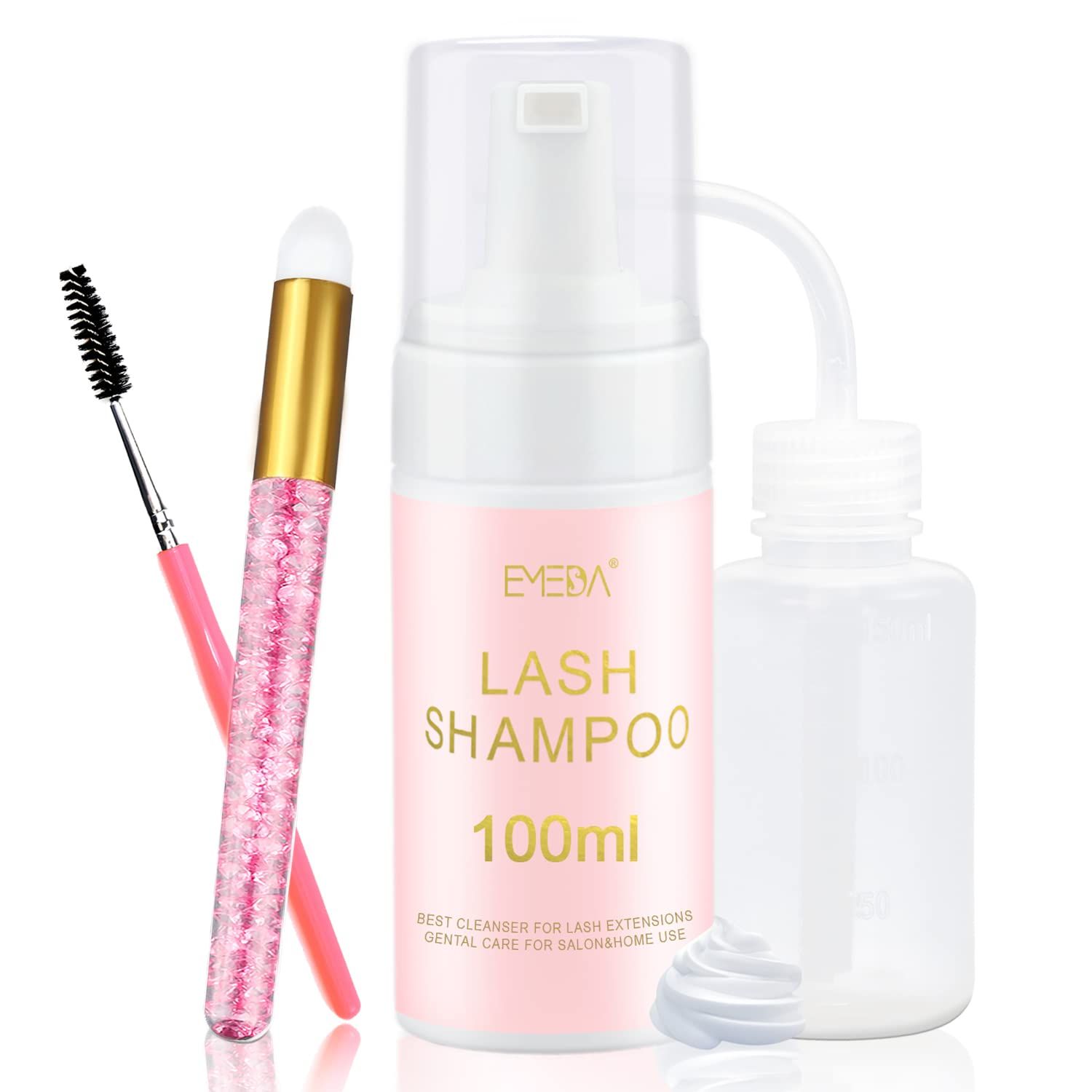 EMEDA Lash Shampoo Kit - 3.38 fl.oz  100ml Gentle Foam Lash Cleanser, Oil-Free Cleaning for Wash ExtensionNatural Eyelash Bath with Rinse Bottle Lash Brush