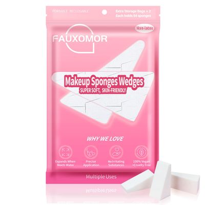 Fauxomor 108 Pcs Mini Makeup Sponges Wedges for Face Foundation, Latex-Free Triangle Cosmetic Make Up Sponge for All Skin Types, Beauty Blender for Flawless Application and Blending with Two Pouches