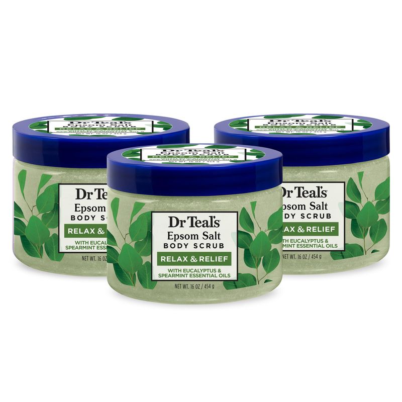 Dr Teal's Pure Epsom Salt Body Scrub, Relax &amp; Relief with Eucalyptus &amp; Spearmint Essential Oils, 16 oz (Pack of 3)