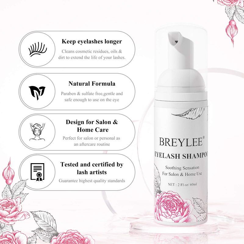 BREYLEE Eyelash Extension Cleanser,Eyelash Extension Shampoo, Eyelash Extension Foam &amp; Brushes Eyelid Cleanser for Makeup Remover Paraben &amp; Sulfate Free for Salon and Home Use