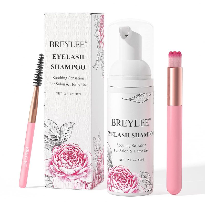 BREYLEE Eyelash Extension Cleanser,Eyelash Extension Shampoo, Eyelash Extension Foam &amp; Brushes Eyelid Cleanser for Makeup Remover Paraben &amp; Sulfate Free for Salon and Home Use