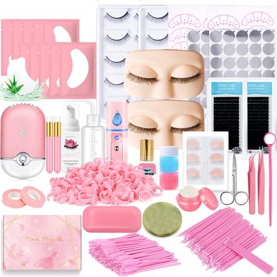 DNSGOOR Lash Extension Kit Professional Eyelash Extensions Supplies Training for Beginners Mannequin Head Grafting Lash USB Fan Lash Shampoo Brush Spraye 0.07D Curl Mix 8-15mm Practice Eyelash Strips