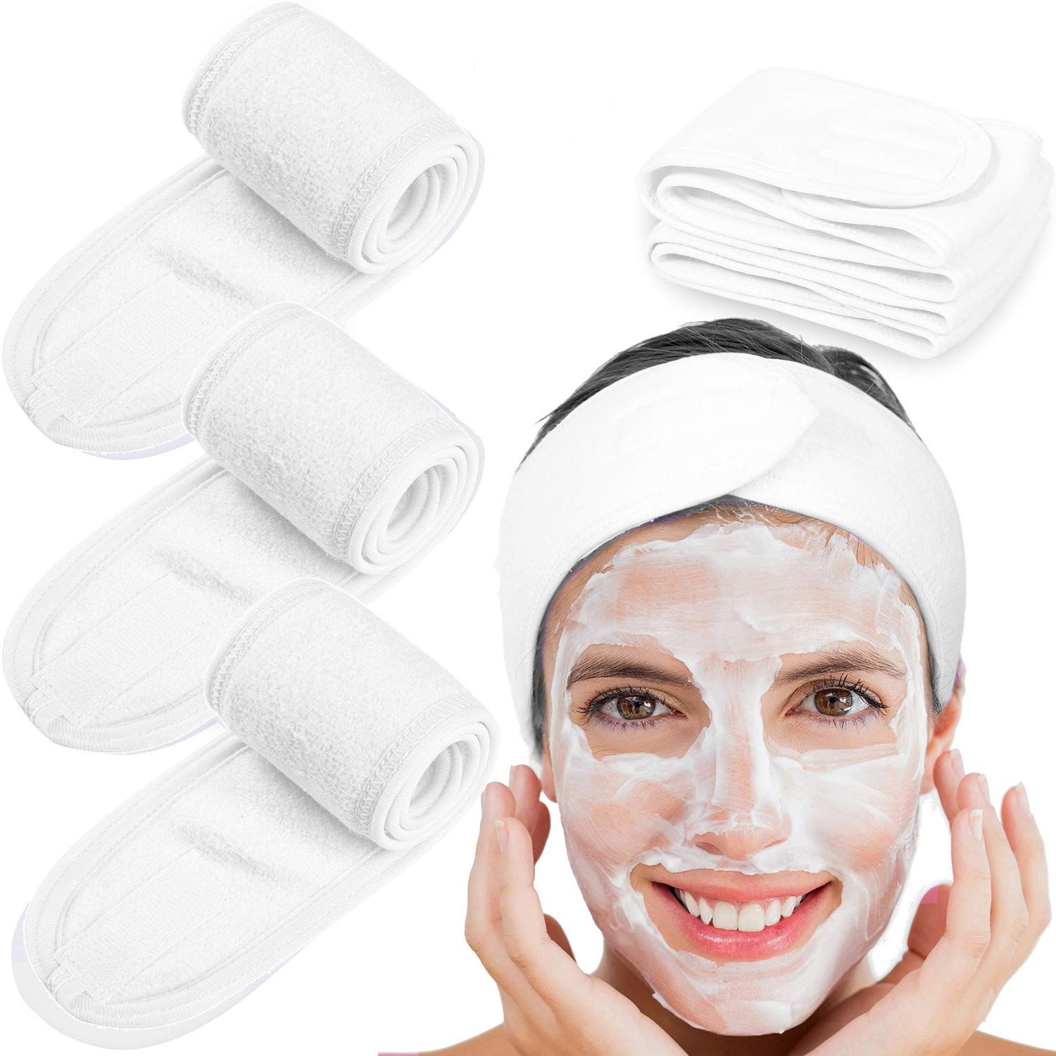 4 Counts Spa Facial Headband Whaline Head Wrap Terry Cloth Headband Stretch Towel with Magic Tape for Bath, Makeup and Sport, 3.5&quot; Wide (White)