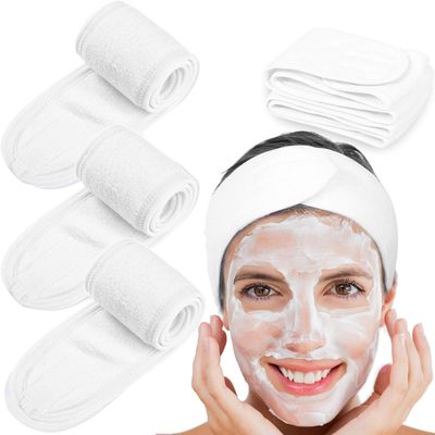 4 Counts Spa Facial Headband Whaline Head Wrap Terry Cloth Headband Stretch Towel with Magic Tape for Bath, Makeup and Sport, 3.5&quot; Wide (White)