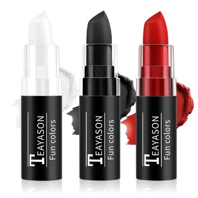FIVEFULU Black Red White Face Paint Halloween Makeup Kit, Matte Lipstick Set Football Baseball Eye Black Stick, Body Paint Face Makeup for Halloween Zombie Clown Vampire Skeleton Joker Cosplay Makeup
