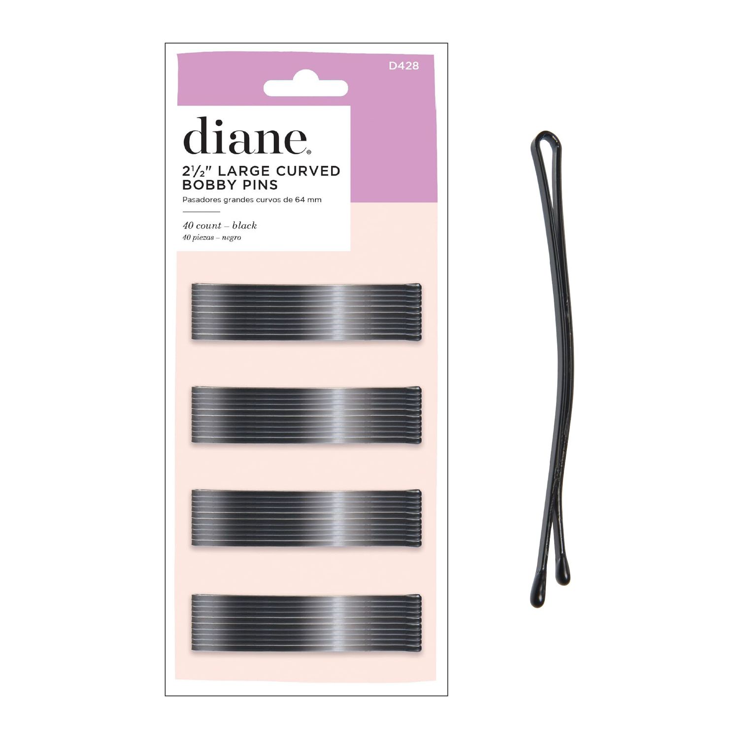 Diane Hair Bobby Pins for Women  Large 2.5 - Black, Curved Flat Design with Ball Tips, D428-40 Count (Pack of 1)