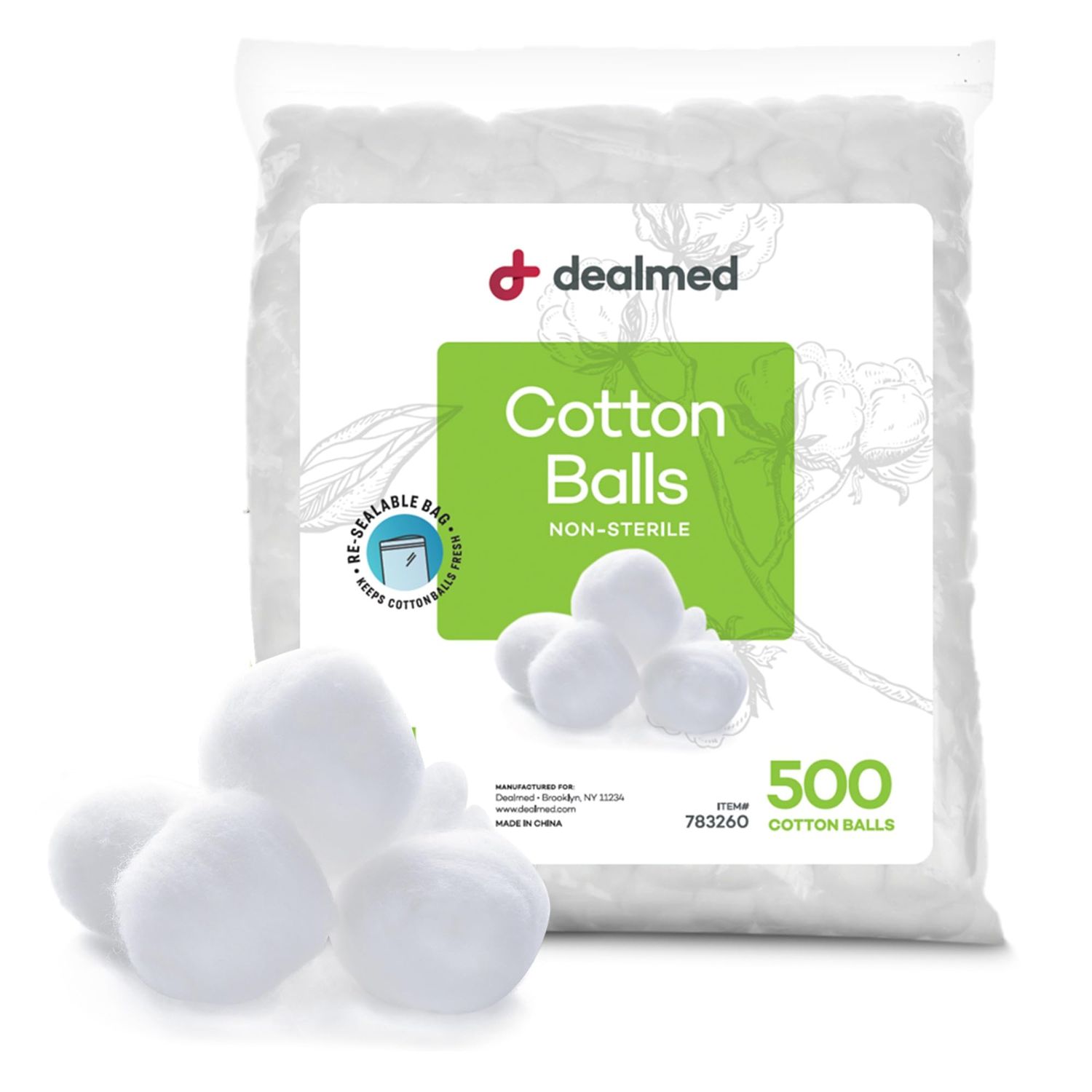 Dealmed Cotton Balls for Face, Makeup &amp; Nail Polish Remover, Medical Uses, &amp; DIY Crafts | Non-Sterile Bulk Pack | Resealable Zip-Locked Bag | 100% Pure Cotton - Soft, Absorbent, Gentle (500 per Bag)