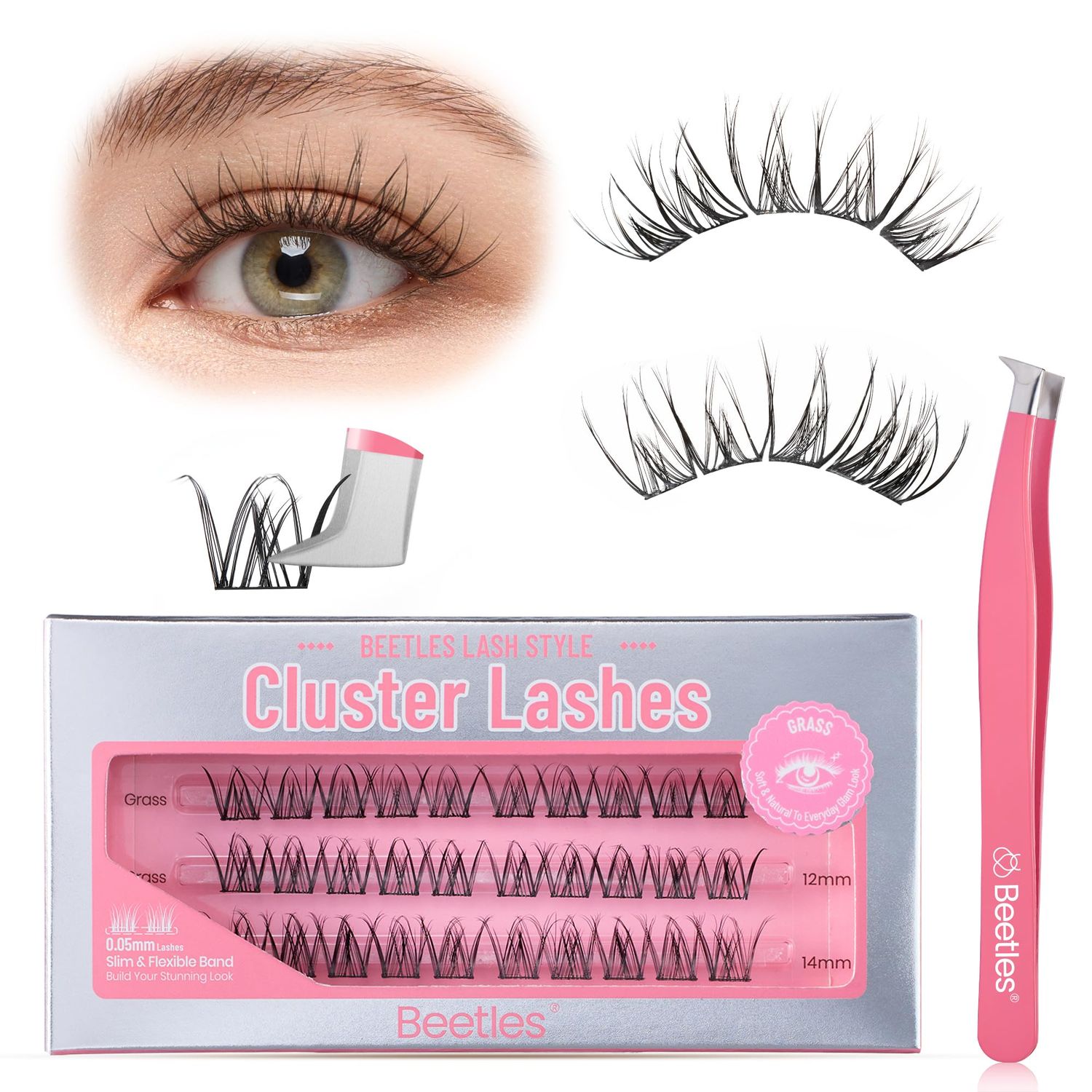 Beetles Lash Clusters 10-14mm Cluster Eyelash Extensions Super Thin Band Natural False Eyelashes Wispy C Curl Eyelash Clusters 30pcs DIY Individual Lashes Grass (CNG001, 10-14mm)