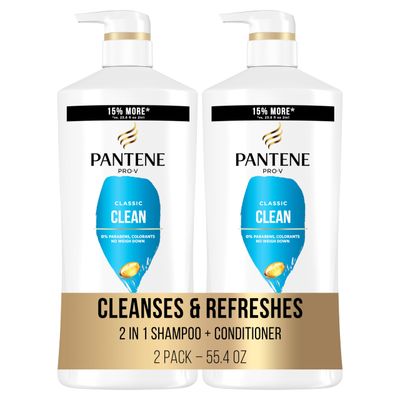 Pantene Classic Clean 2-In-1 Shampoo &amp; Conditioner Set, Pro-V Nutrients for Dry, Color-Treated Hair, Nourishment &amp; Hydration, Antioxidant-Rich, 27.7 Fl Oz Each, 2 Pack  Miracle Rescue Shot (0.5 Oz)