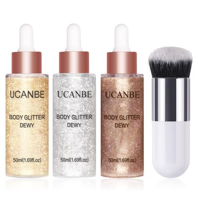 UCANBE 3 Pcs Face Body Glitter Liquid Highlighter Illuminator Dewy Drops with Makeup Brush, Makeup Sparkle Shine Luminizer Enhancer Body Shimmer Tint 50ml1.69oz x 3 (3Pcs, Standard)
