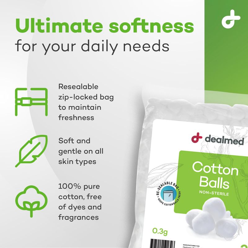 Dealmed Cotton Balls for Face, Makeup &amp; Nail Polish Remover, Medical Uses, &amp; DIY Crafts | Non-Sterile Bulk Pack | Resealable Zip-Locked Bag | 100% Pure Cotton - Soft, Absorbent, Gentle (500 per Bag)