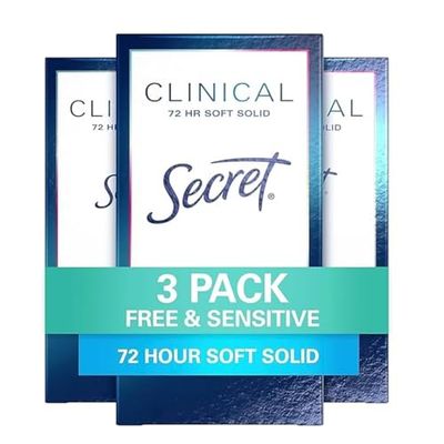Secret Clinical Strength Antiperspirant and Deodorant for Women, Free &amp; Sensitive, 3X Stress Sweat Protection, PH Balancing Minerals, Soft Solid, Unscented, 1.6 oz (Pack of 3)
