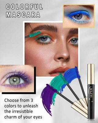 3 Colors Waterproof Mascara Set -Blue Green Purple Colored Mascara for Eyelashes, Long Lasting Curling Tubing Mascara Volume and Length, High Pigment Colorful Lash Mascara Makeup for Cosplay Party-B