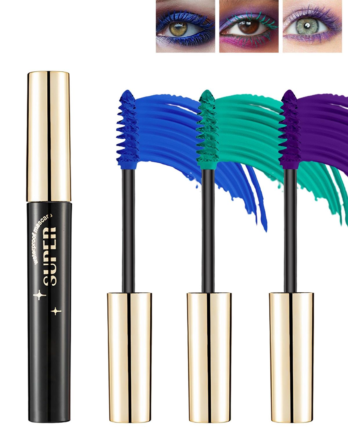 3 Colors Waterproof Mascara Set -Blue Green Purple Colored Mascara for Eyelashes, Long Lasting Curling Tubing Mascara Volume and Length, High Pigment Colorful Lash Mascara Makeup for Cosplay Party-B