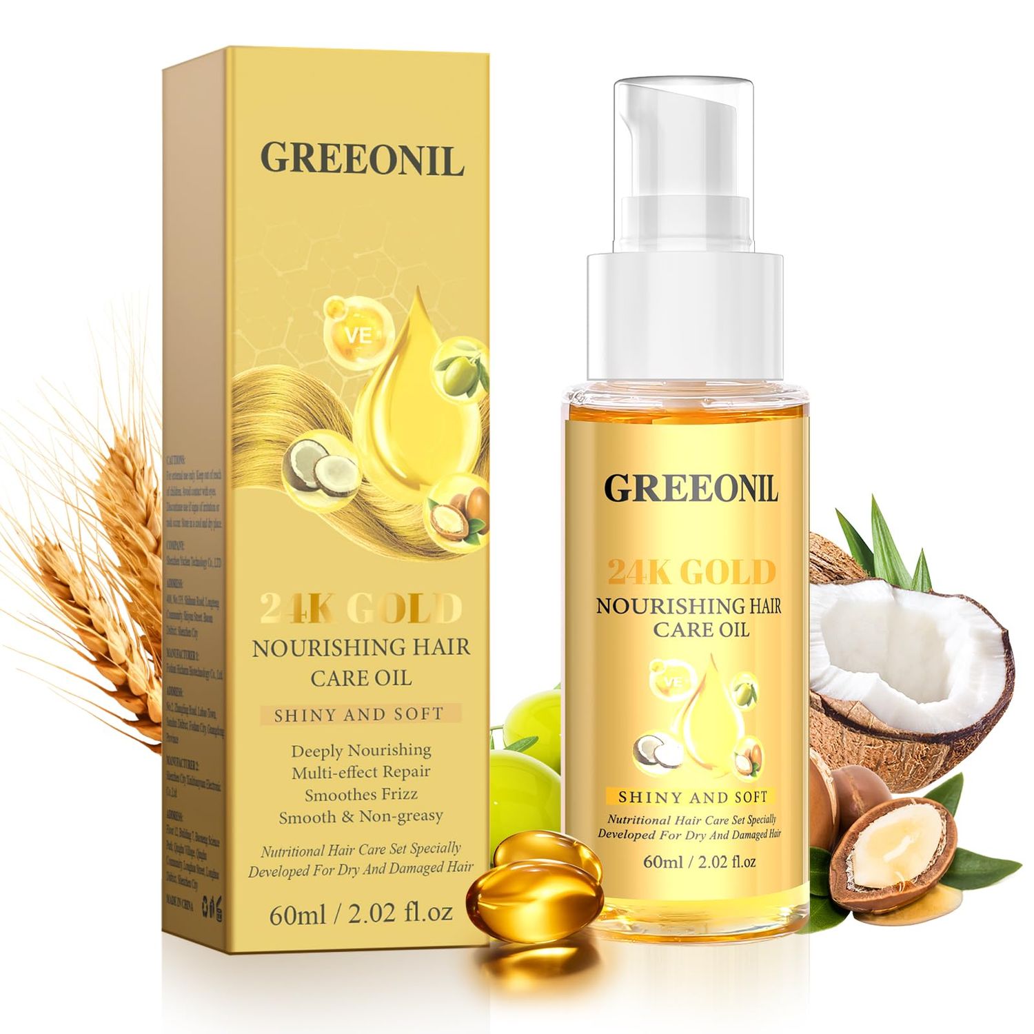 GREEONIL 24K Gold Argan, Coconut, and Olive Oil Serum for Frizz Control, Shine, and Split End Repair - Nourishing Hair Treatment with Vitamin E, 2.02 fl oz, 60ml