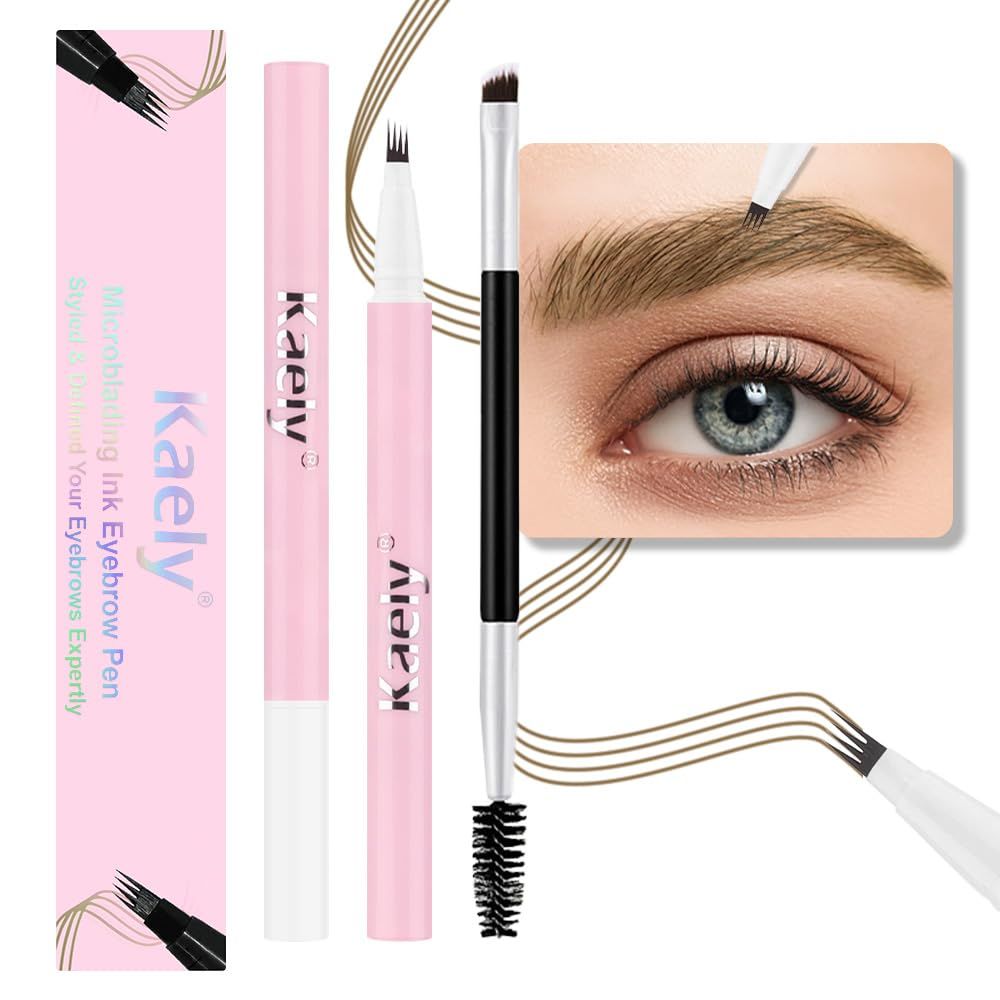 evpct Kaely 2Pcs Brown Magic Microblading Eyebrow Contouring Pen Brow Pencil, with 4 Brush Micro-Fork-Tips Precise Applicator, with Dual-ended Eyebrow Brush, Hair Like Strokes, Natural Looking Brows