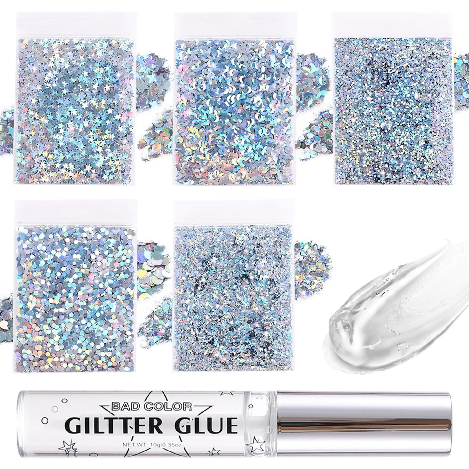 BADCOLOR 5 Packs Silver Body Glitters with Glue Kit, Holographic Chunky Sequins for Face, Body, Hair, Eye Makeup, Nail Art, Loose Glitter for Music Festival Carnival Concert Party Rave Accessories
