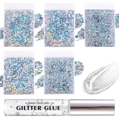 BADCOLOR 5 Packs Silver Body Glitters with Glue Kit, Holographic Chunky Sequins for Face, Body, Hair, Eye Makeup, Nail Art, Loose Glitter for Music Festival Carnival Concert Party Rave Accessories