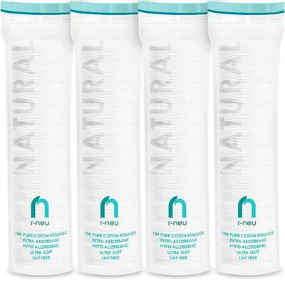R-Neu Premium Turkish Cotton Rounds, 400 Count, Stitched, Waffle Textured, 100% Pure &amp; Natural Cotton Pads for Face, Hypoallergenic Makeup Remover (4 Pack of 100)