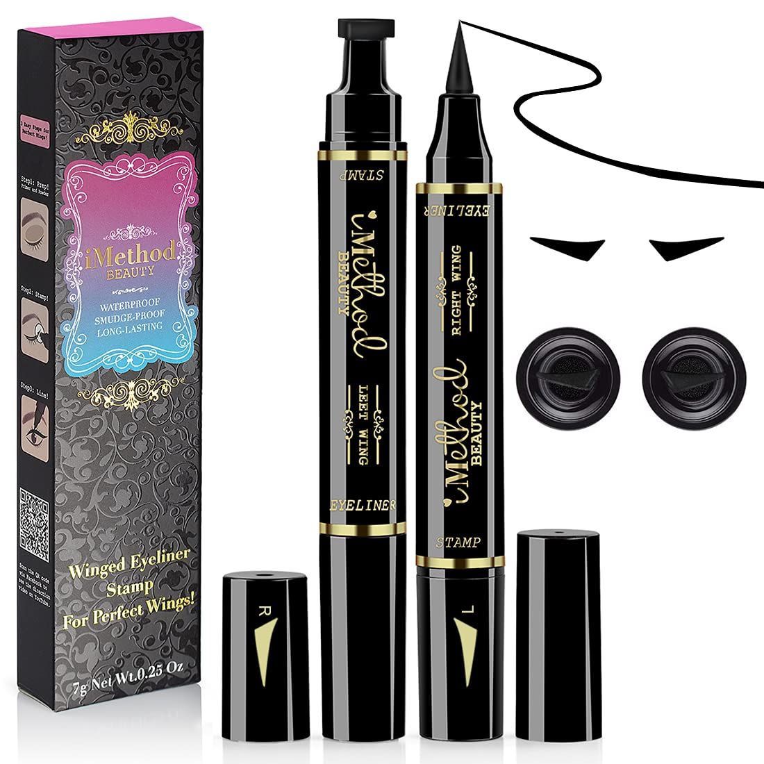 iMethod Eyeliner Stamp - 2 Pens Winged Eyeliner Stamp, for All Eye Shapes, Winged Eyeliner Stamp, Perfect Wing Cat Eye Liner, Waterproof &amp; Smudge-proof, 10 mm